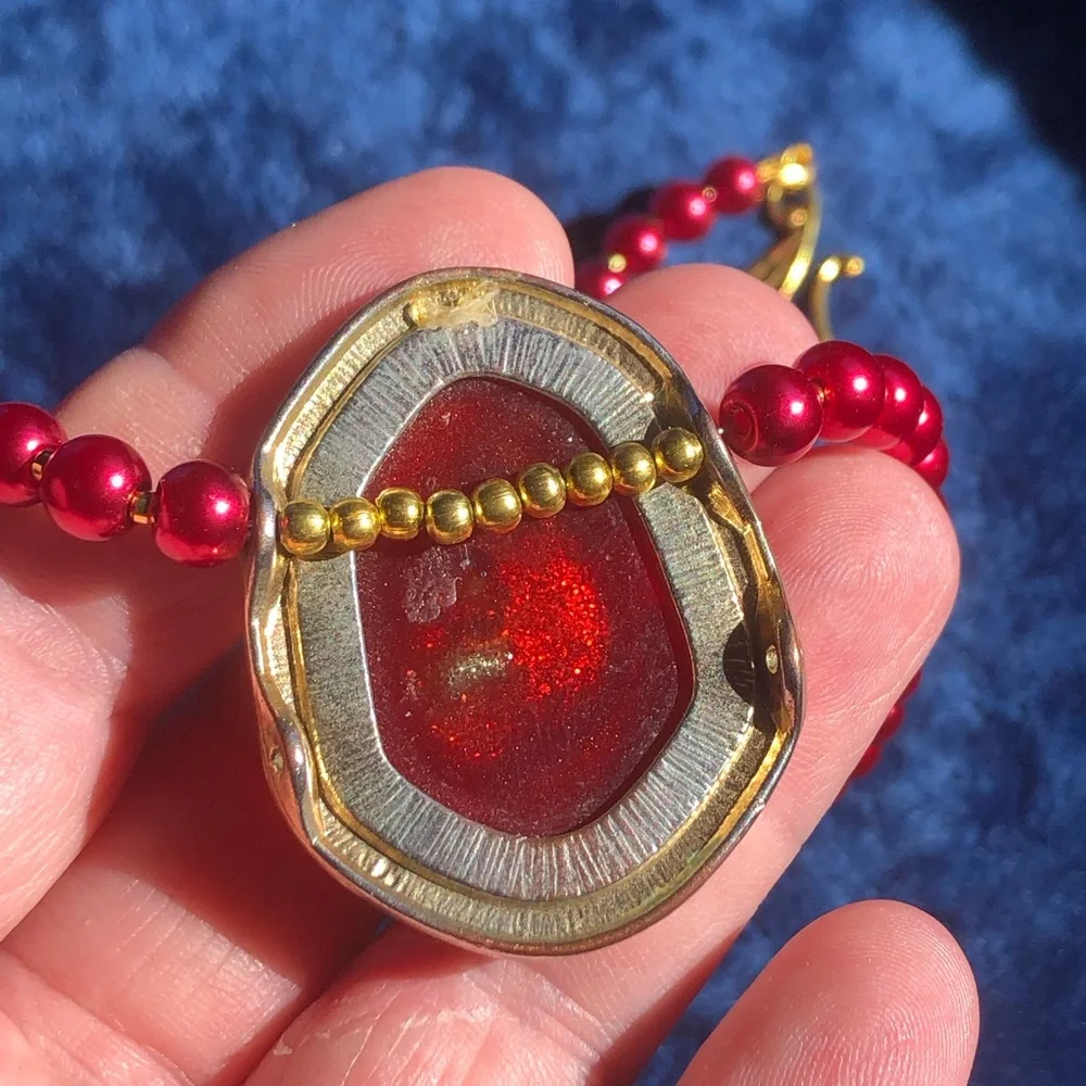 Handcrafted repurpose faceted glitter dome pendant Czech glass Pearl necklace